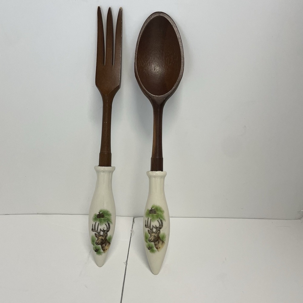 Mid-Century Salad Server Set Mackinac Is. Souvenir W/ Rustic Deer Approx. 11 In.